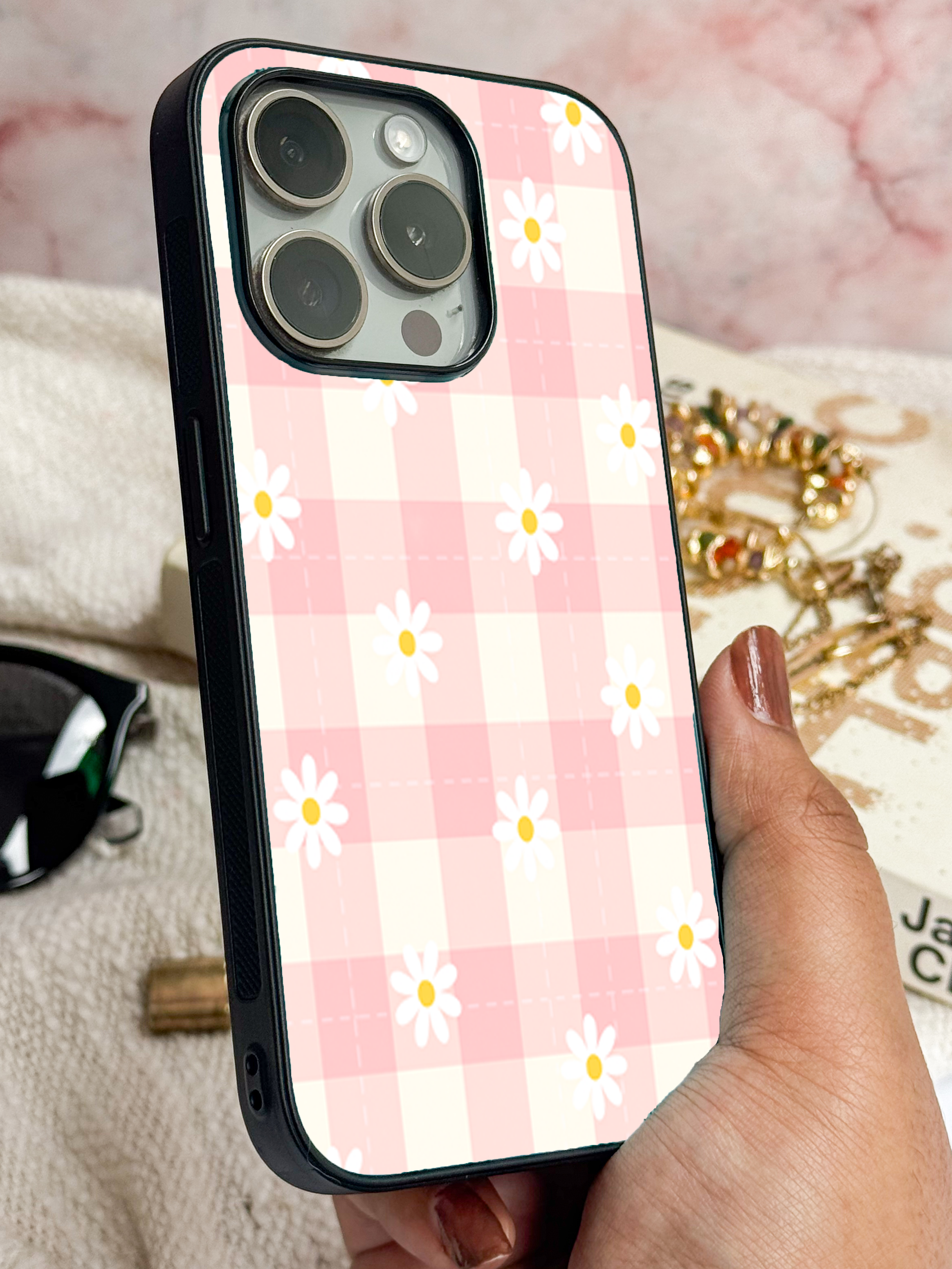 Floral Picnic Printed Glass Back iPhone Covers (11–16) Series | Aesthetic Designs