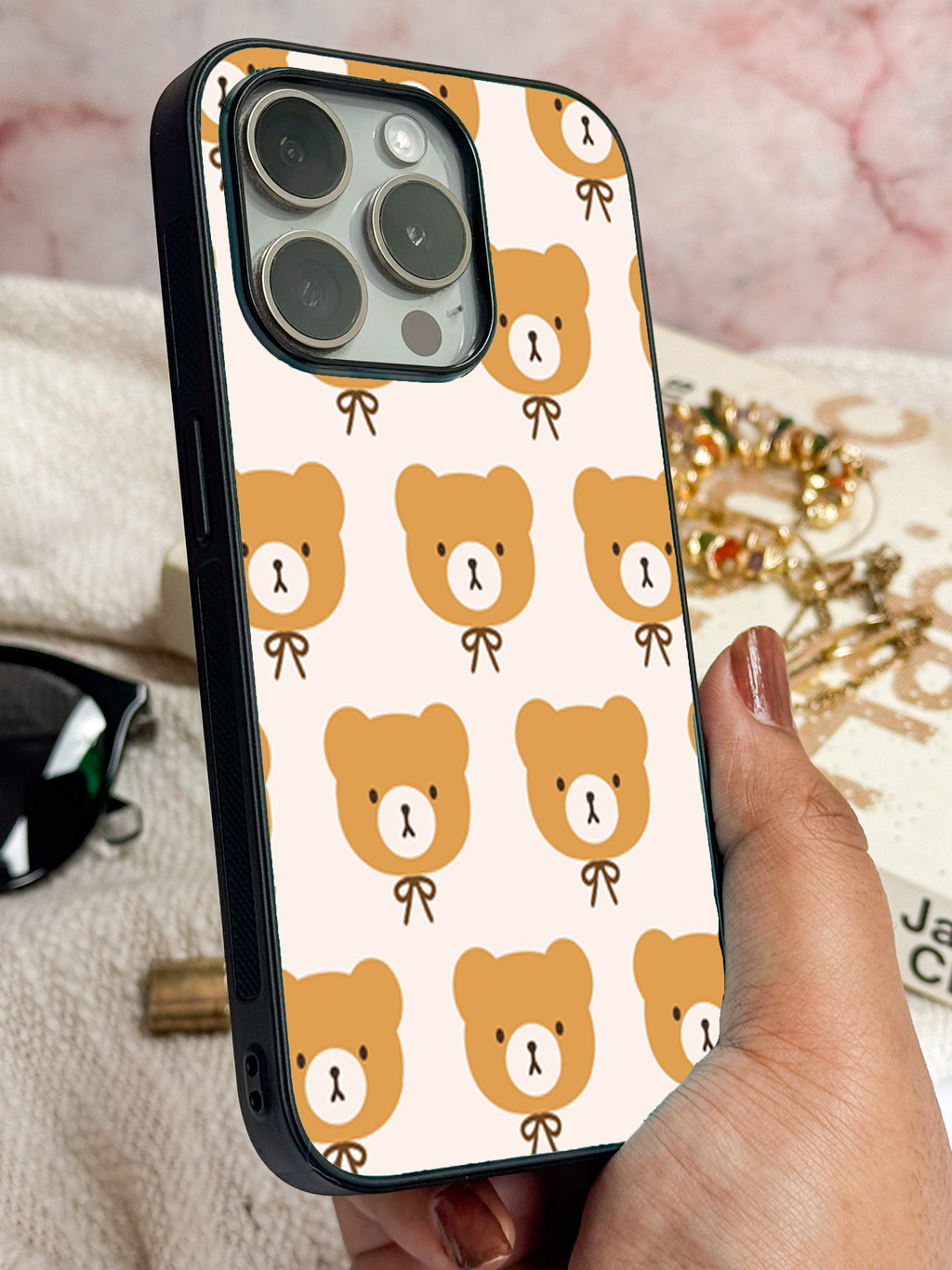 Bow Bear Printed Glass Back iPhone Covers (11–16) Series | Cute Designs