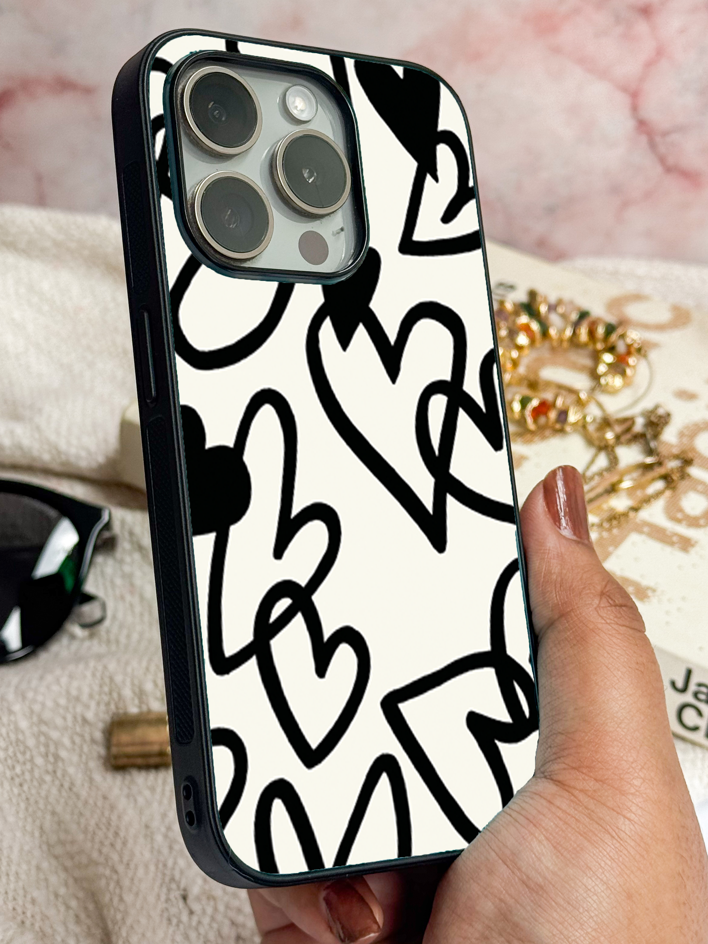 Mono Hearts Printed Glass Back iPhone Covers (11–16) Series | Cute Design