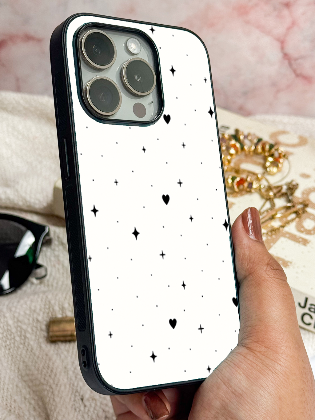 Starry Hearts Printed Glass Back iPhone Covers (11–16) Series | Aesthetic Designs