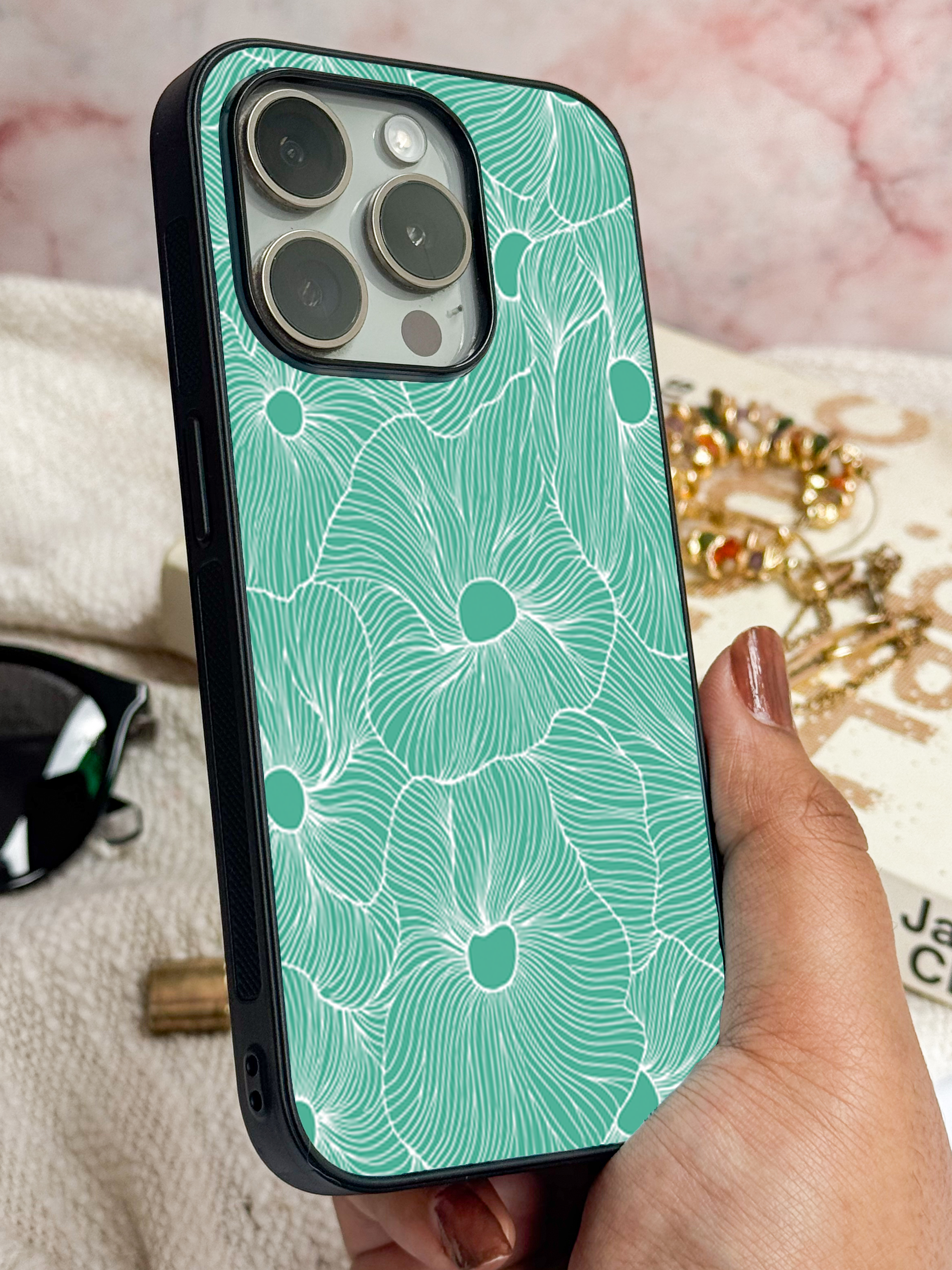 Aqua Flora Printed Glass Back iPhone Covers (11–16) Series | Aesthetic Design