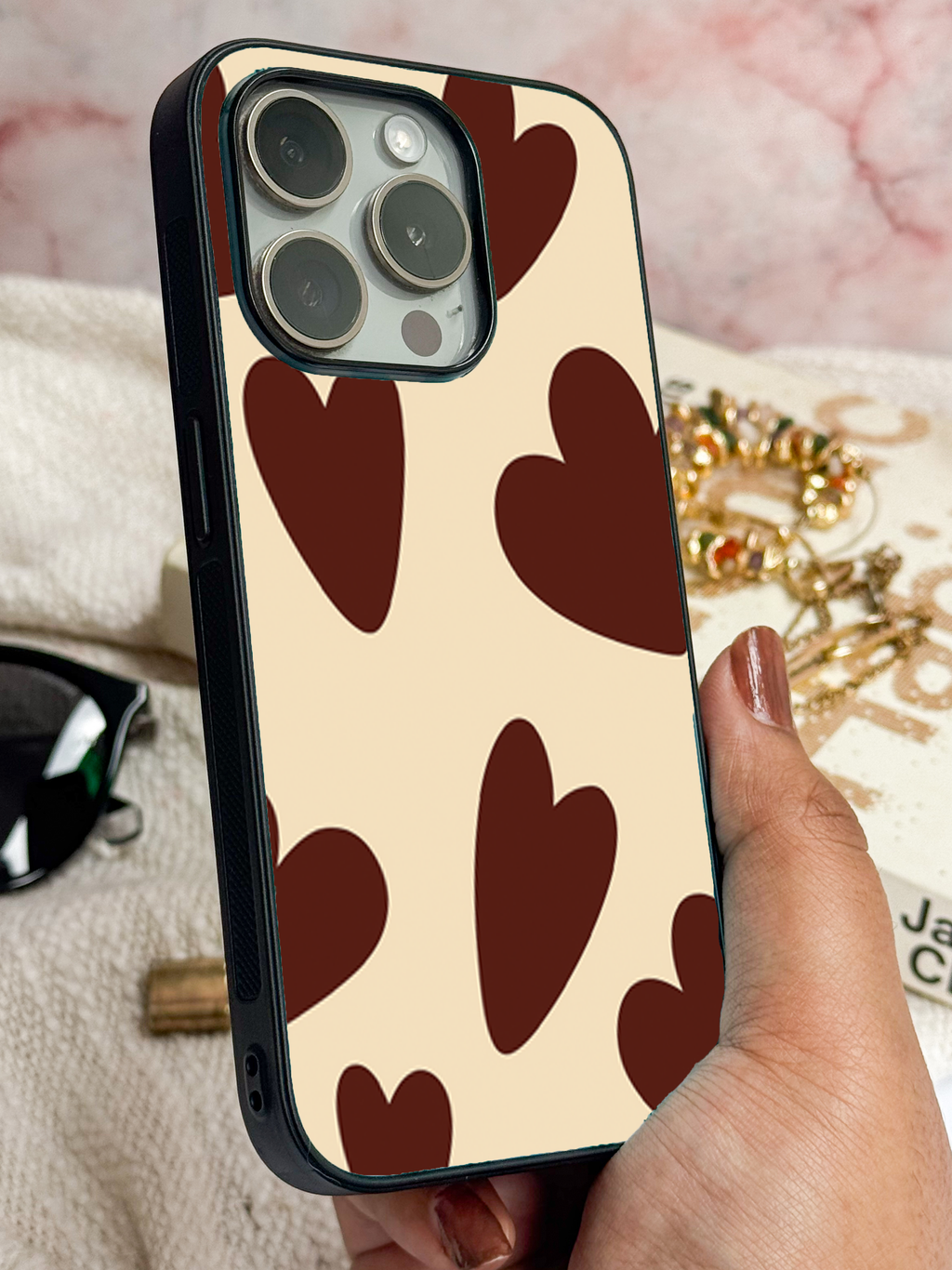 Cocoa Hearts Printed Glass Back iPhone Covers (11–16) Series | Aesthetic Designs