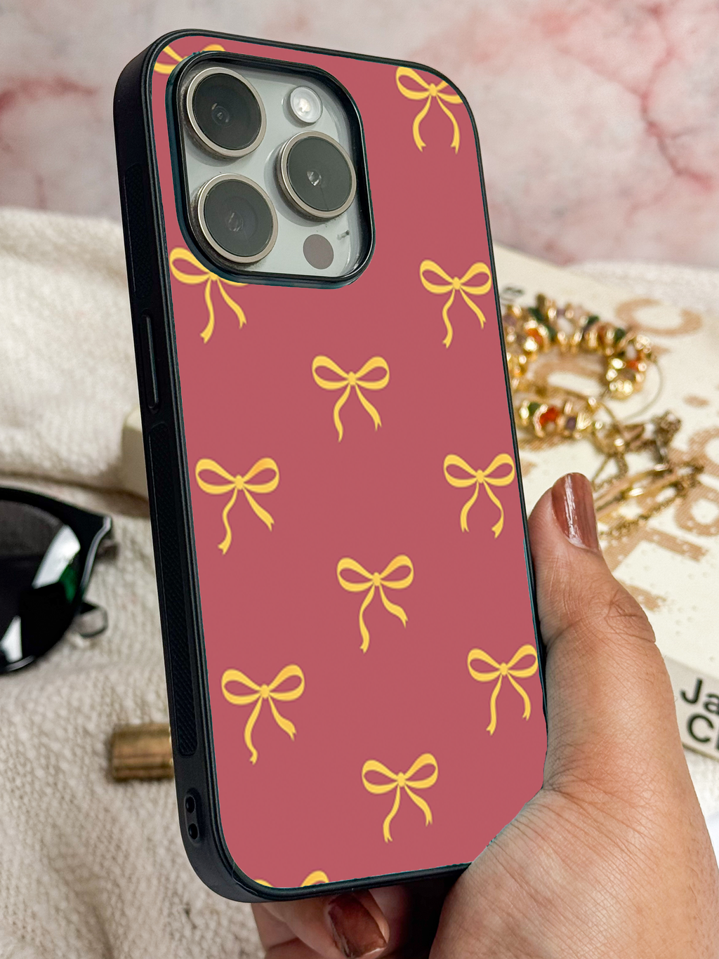 Golden Bows Printed Glass Back iPhone Covers (11–16) Series | Cute Designs