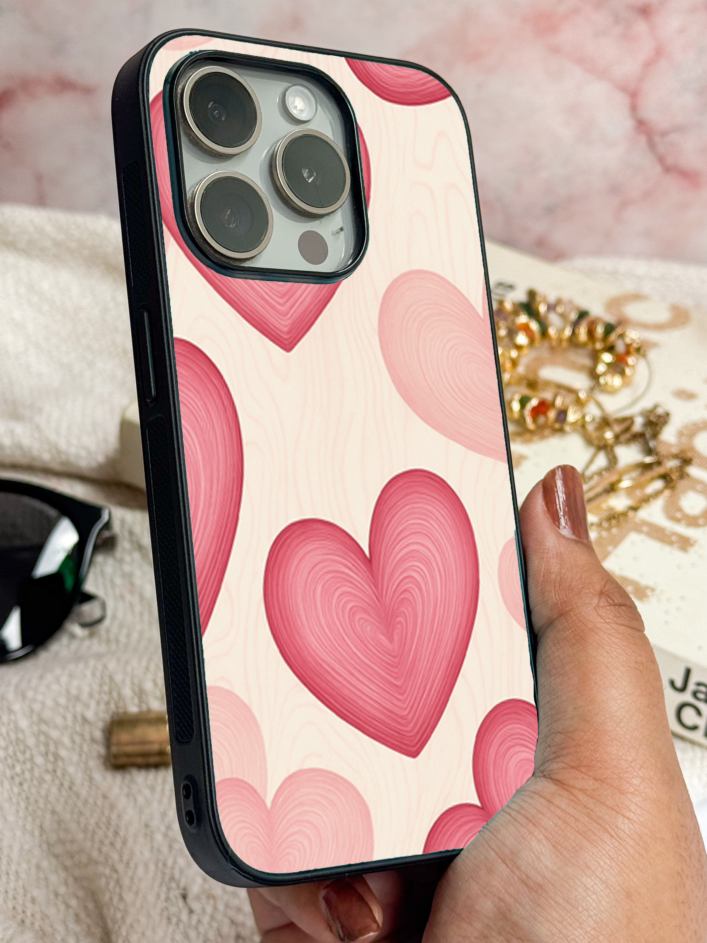 Rosé Hearts Printed Glass Back iPhone Covers (11–16) Series | Aesthetic Designs
