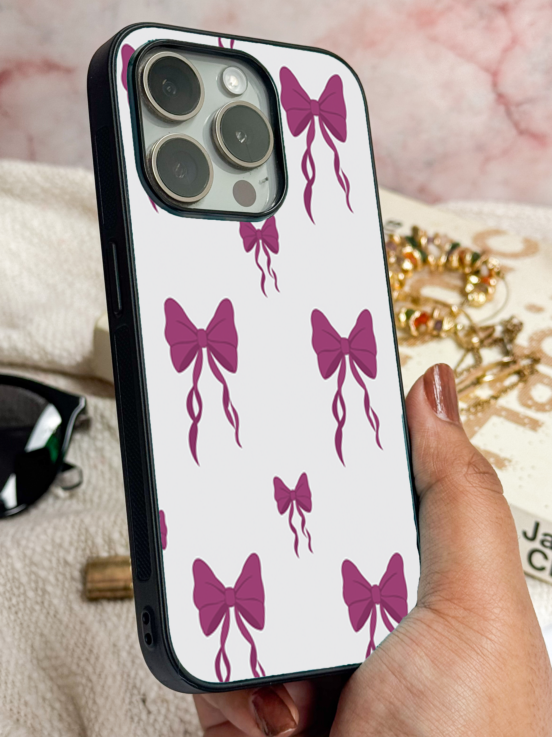 Purple Charm Printed Glass Back iPhone Covers (11–16) Series |Cute Design