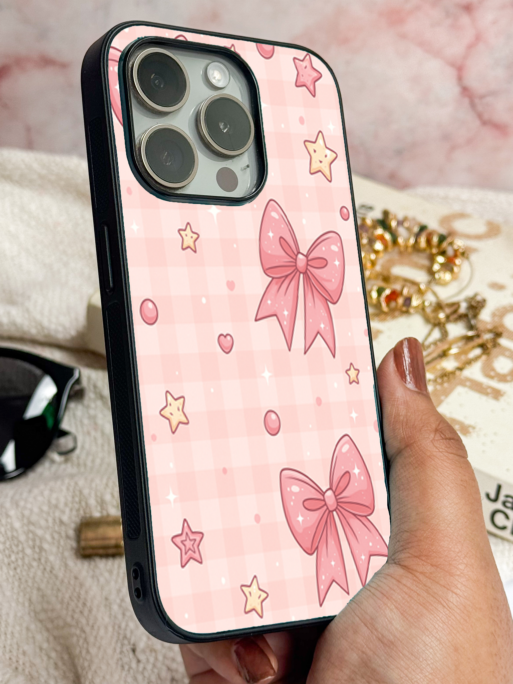 Kawaii Bow  Printed Glass Back iPhone Covers (11–16) Series |Cute Design