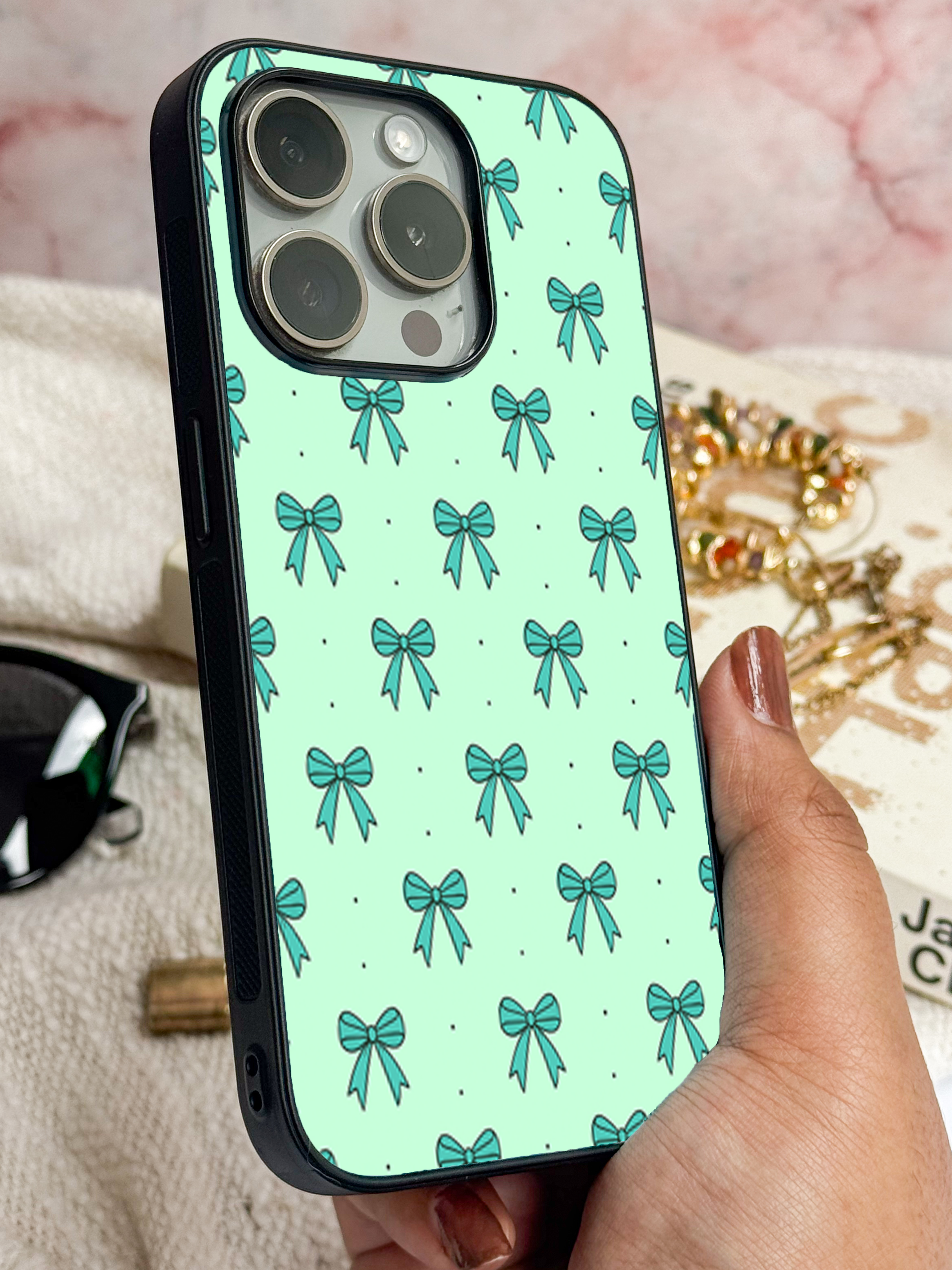 Mint Bow Printed Glass Back iPhone Covers (11–16) Series | Cute Designs