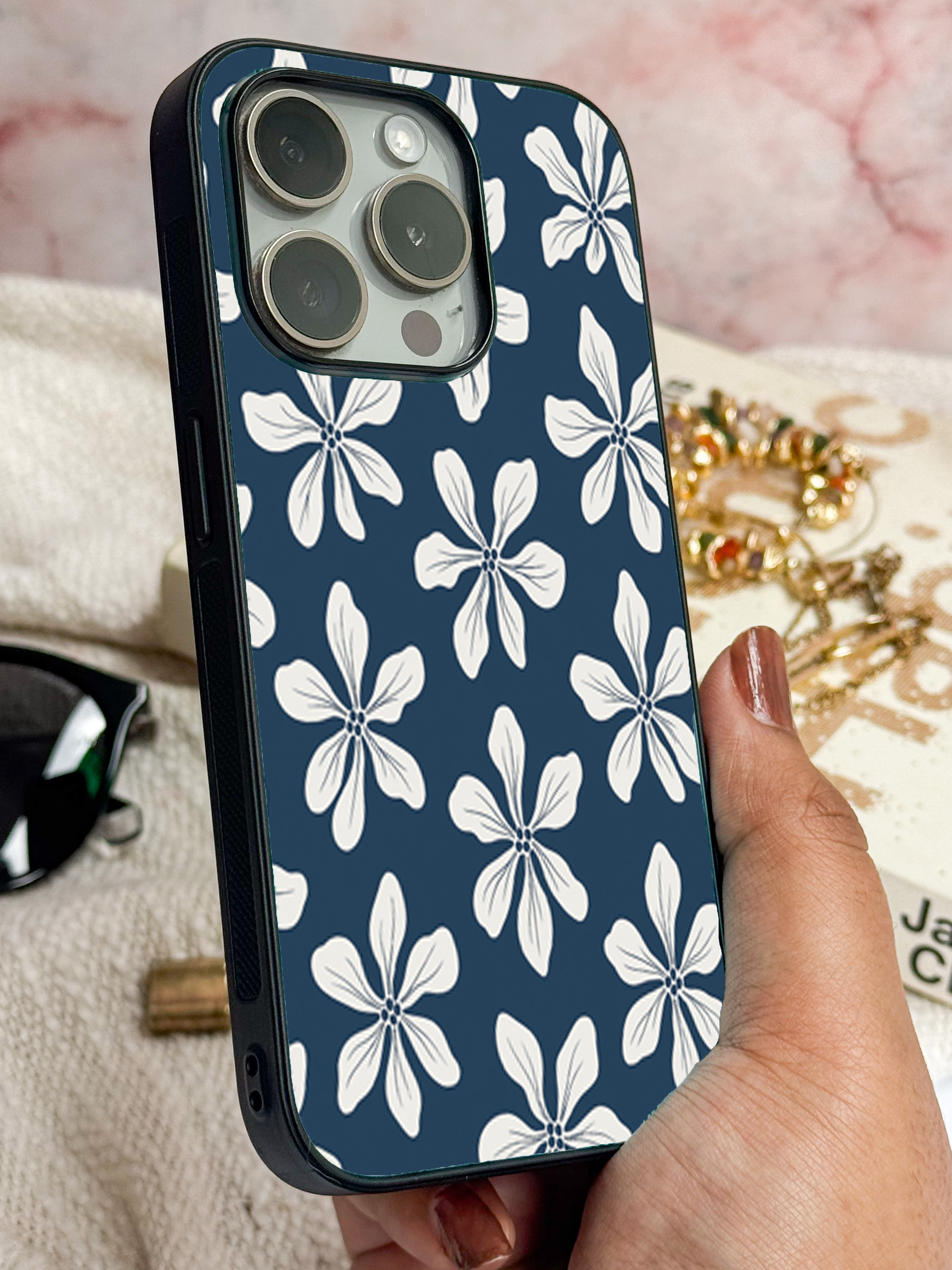 Navy Petals Printed Glass Back iPhone Covers (11–16) Series | Aesthetic Designs