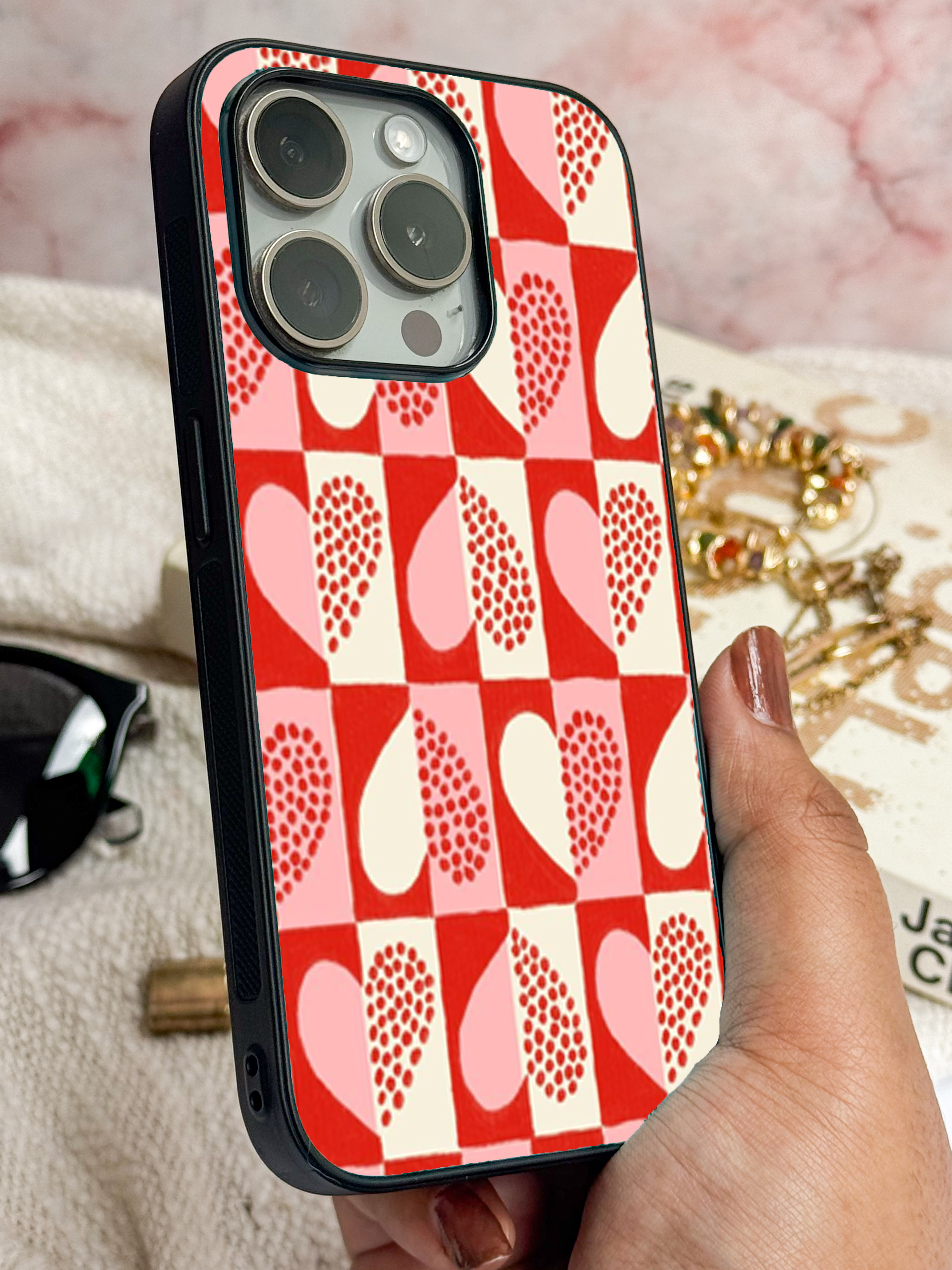 Retro Hearts Printed Glass Back iPhone Covers (11–16) Series | Aesthetic Designs