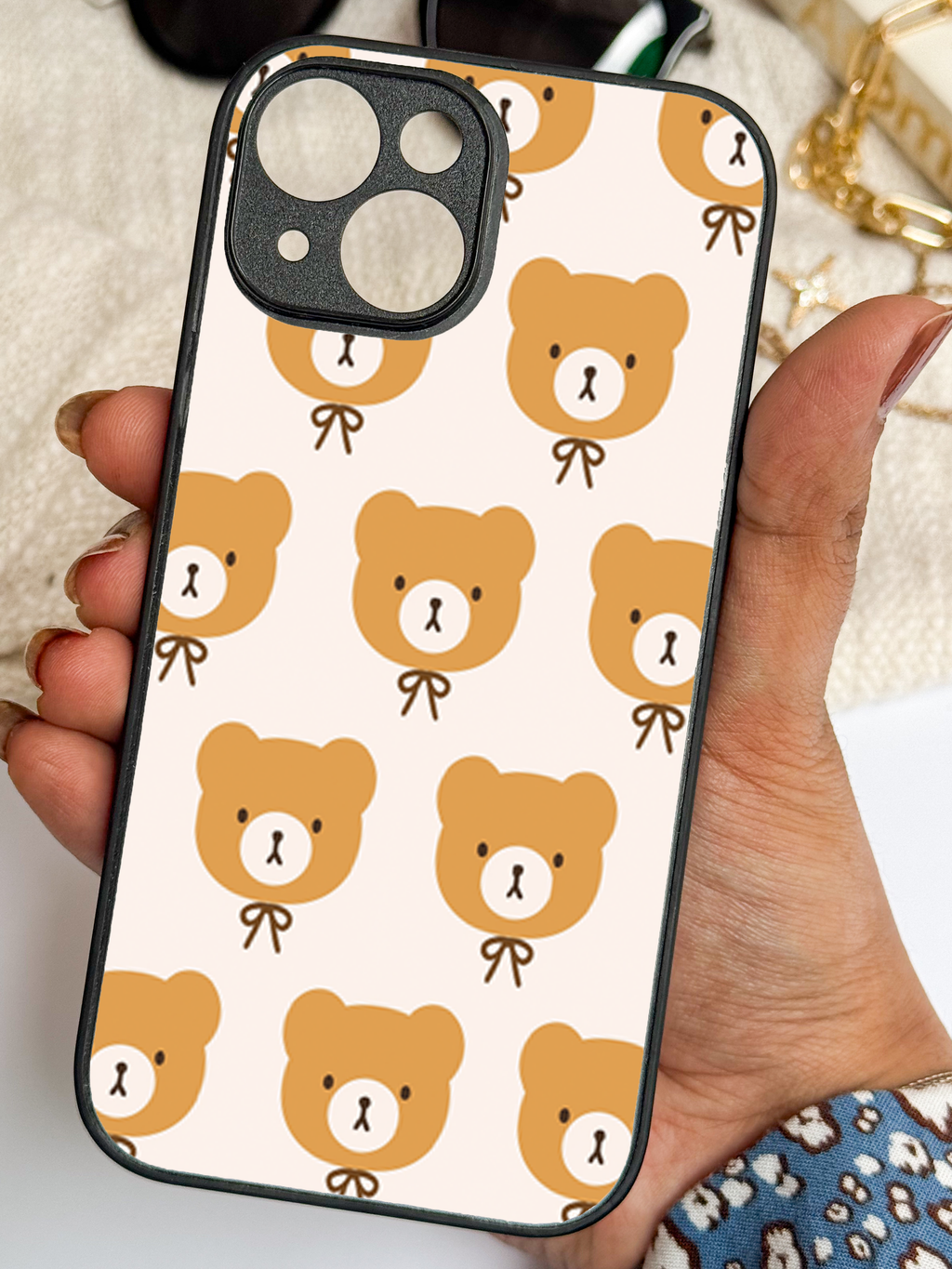 Bow Bear Printed Glass Back iPhone Covers (11–16) Series | Cute Designs