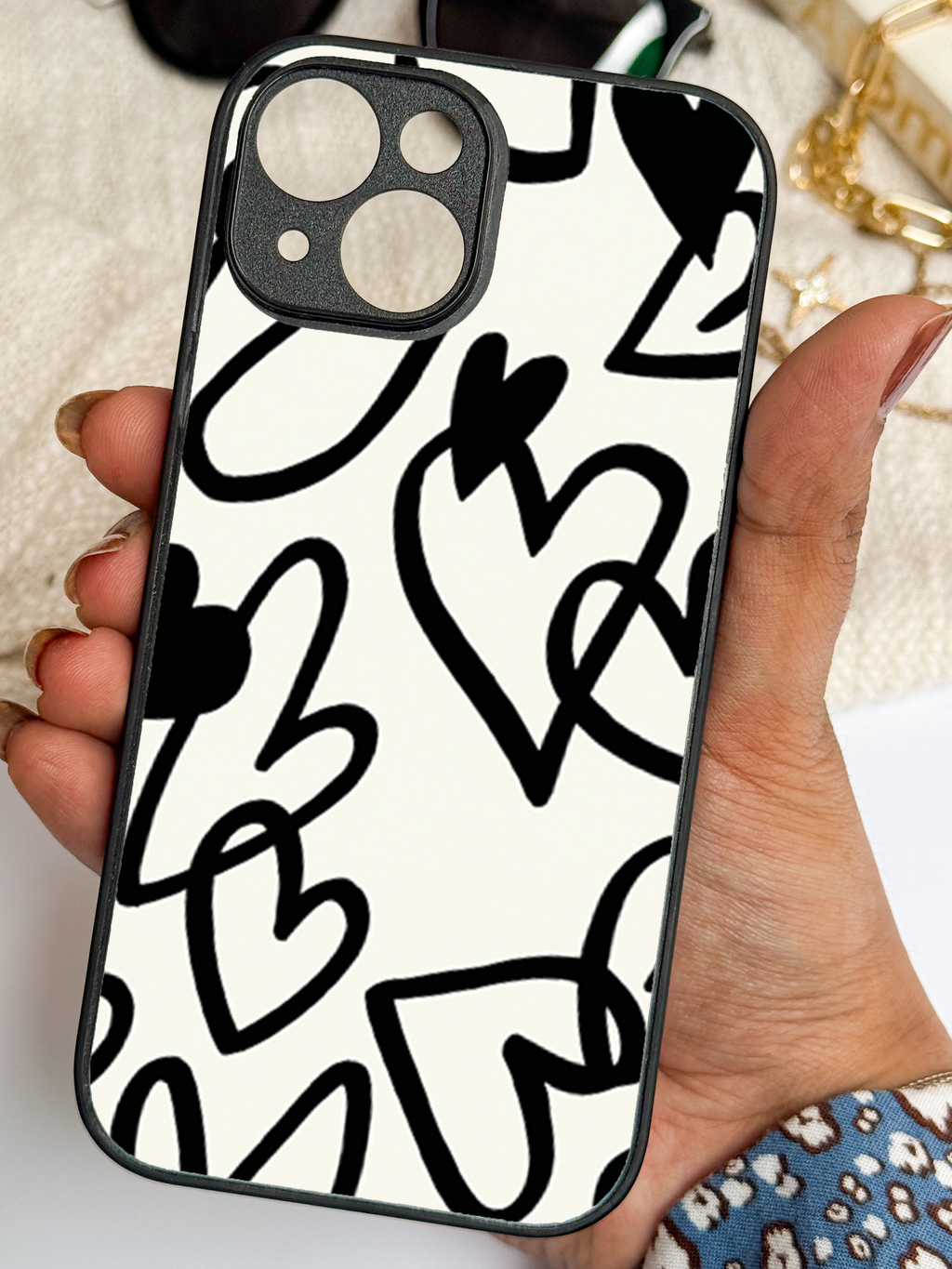 Mono Hearts Printed Glass Back iPhone Covers (11–16) Series | Cute Design