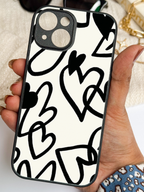 Mono Hearts Printed Glass Back iPhone Covers (11–16) Series | Cute Design