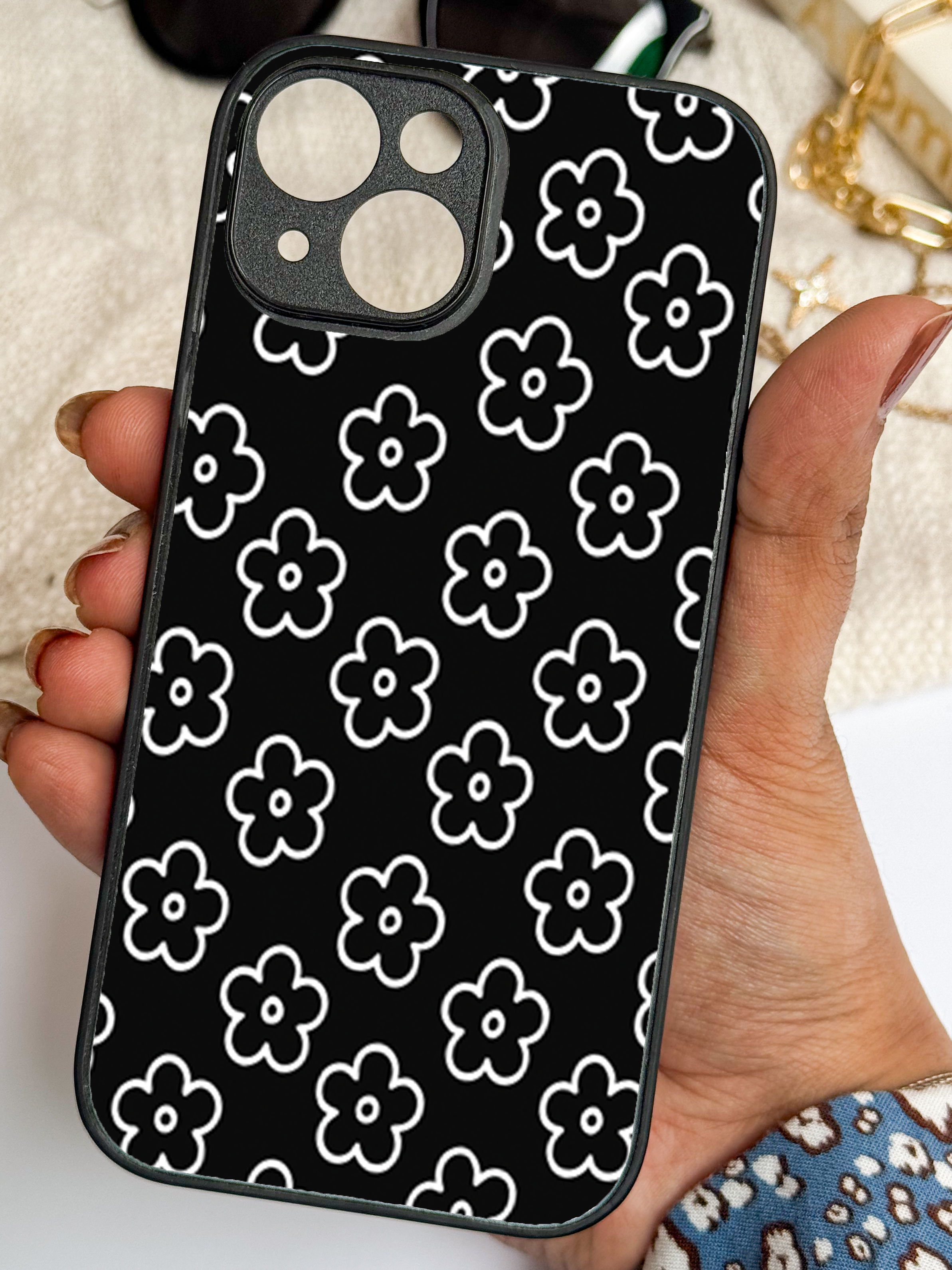 Daisy Noir Printed Glass Back iPhone Covers (11–16) Series | Aesthetic Designs