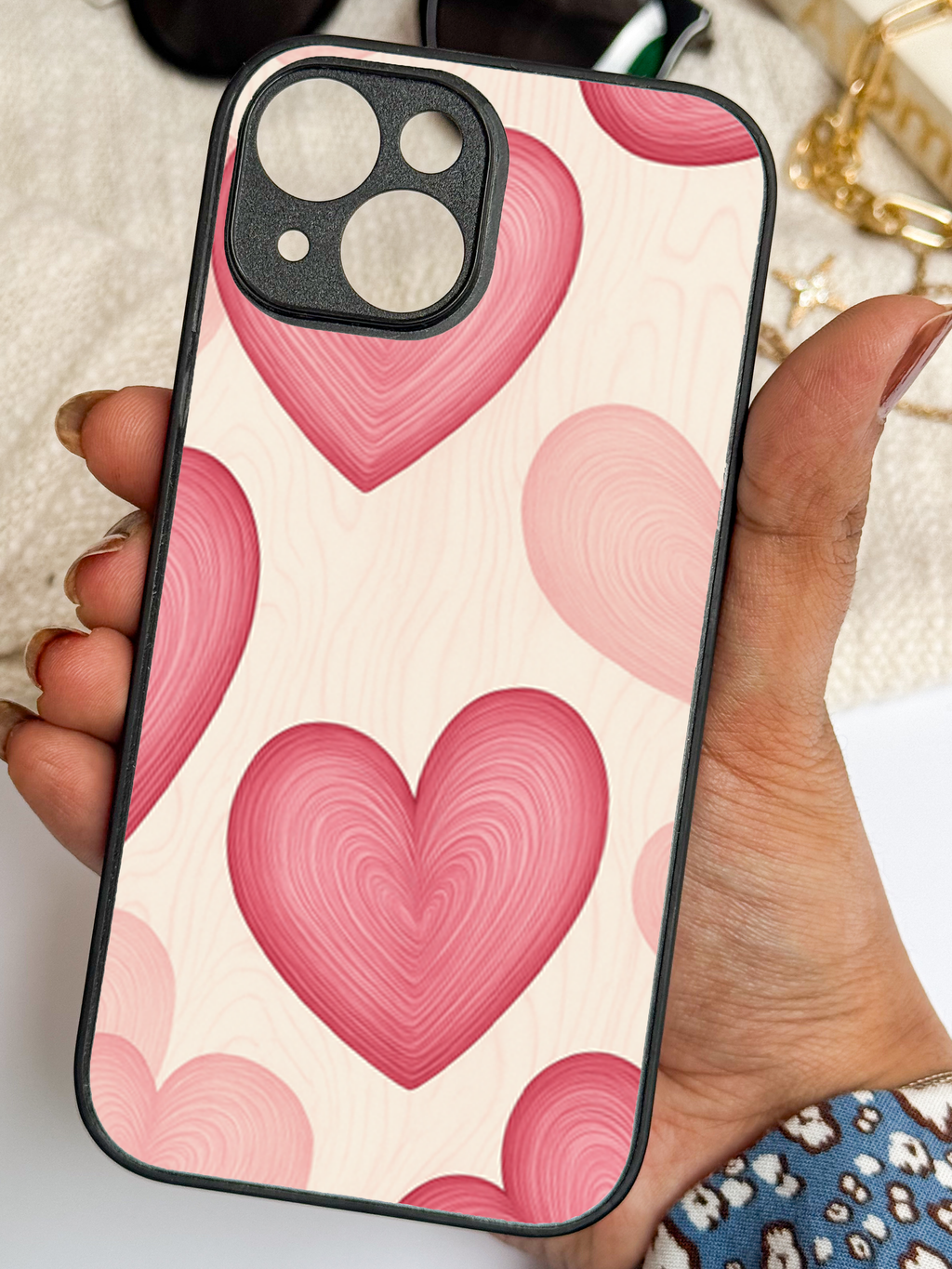 Rosé Hearts Printed Glass Back iPhone Covers (11–16) Series | Aesthetic Designs