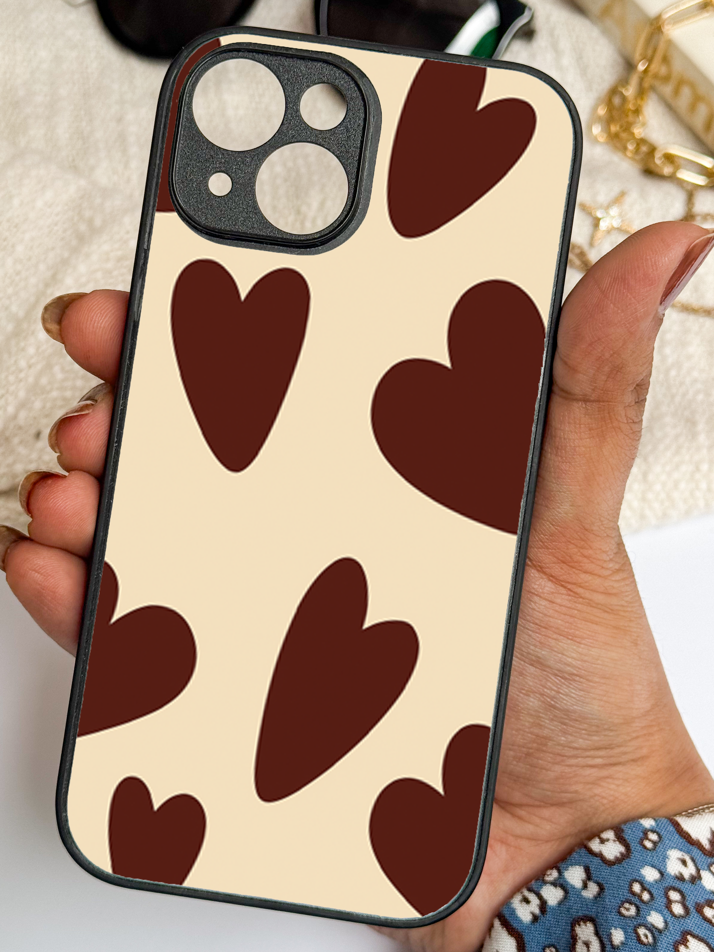 Cocoa Hearts Printed Glass Back iPhone Covers (11–16) Series | Aesthetic Designs
