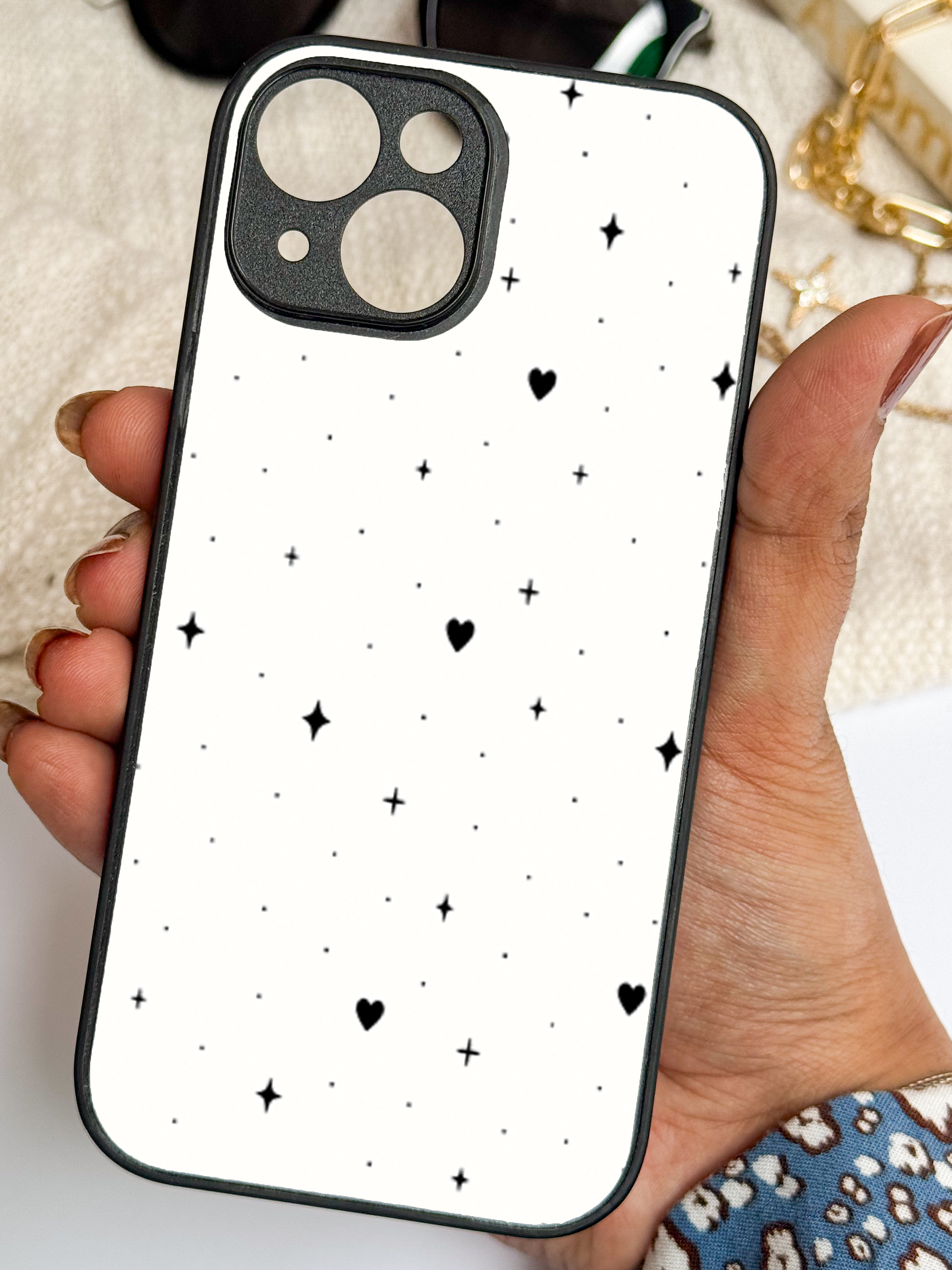 Starry Hearts Printed Glass Back iPhone Covers (11–16) Series | Aesthetic Designs