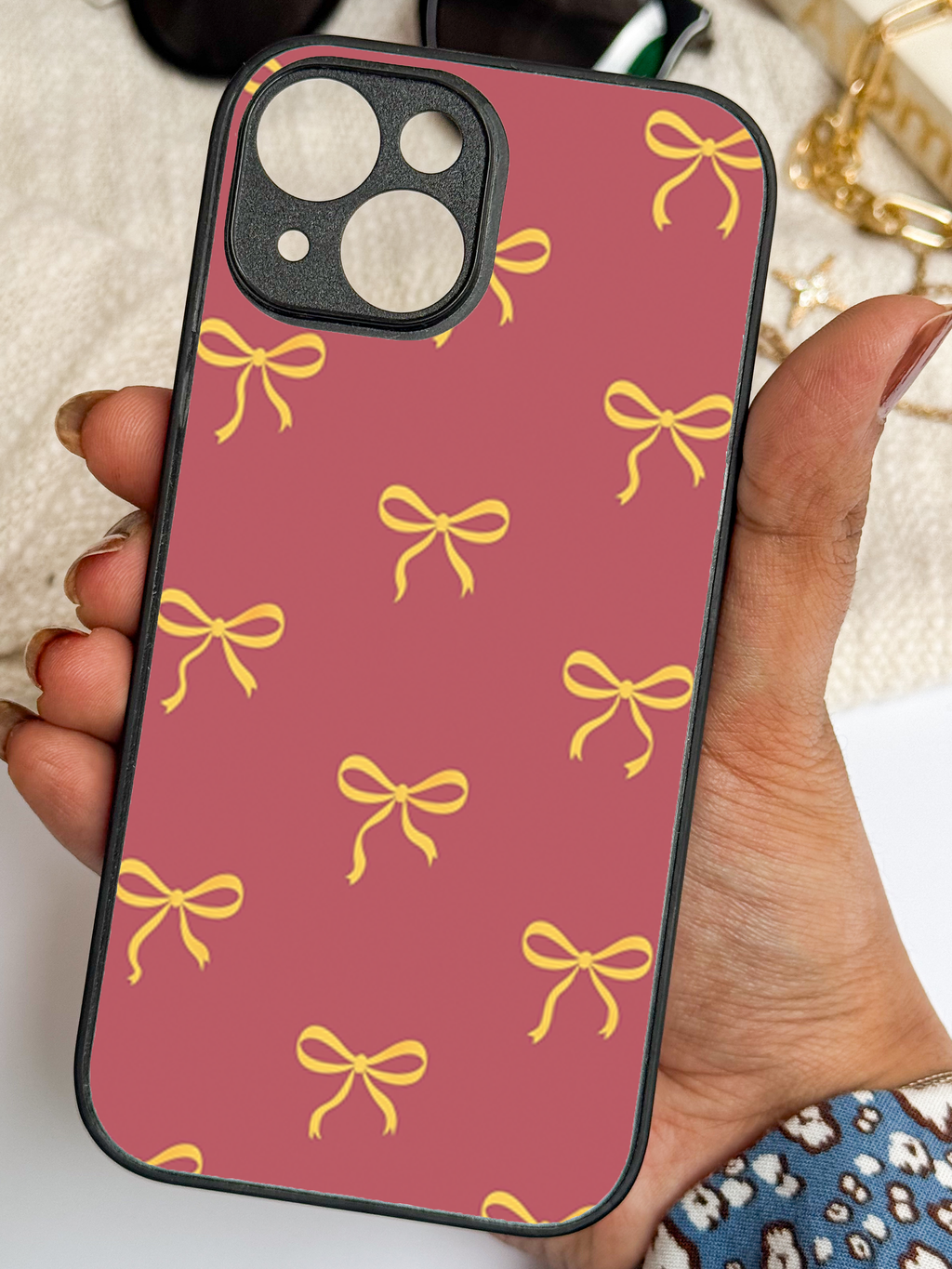 Golden Bows Printed Glass Back iPhone Covers (11–16) Series | Cute Designs