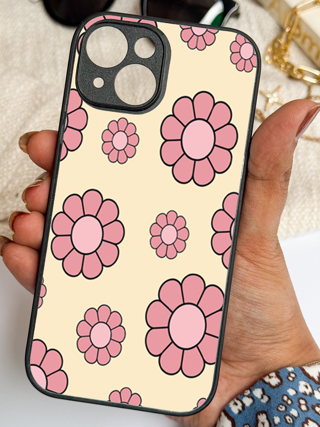 Pink Bloom Pop Printed Glass Back iPhone Covers (11–16) Series | Cute Designs