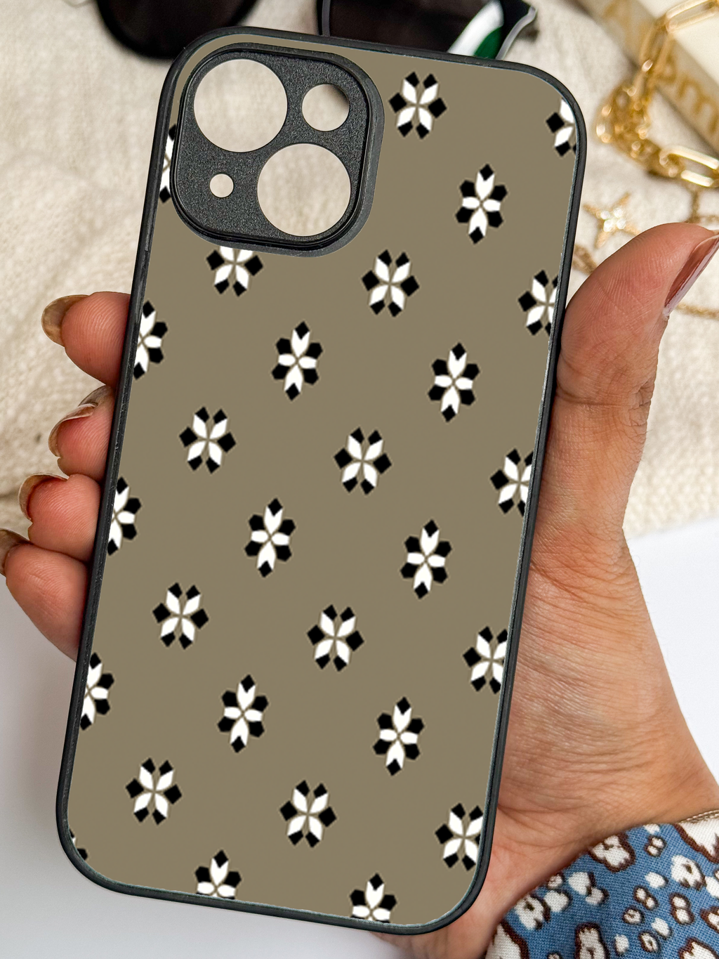 Taupe Flora Printed Glass Back iPhone Covers (11–16) Series | Aesthetic Designs