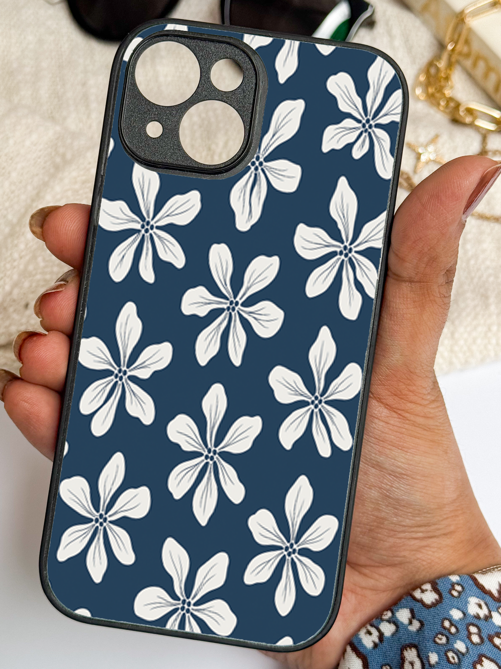 Navy Petals Printed Glass Back iPhone Covers (11–16) Series | Aesthetic Designs