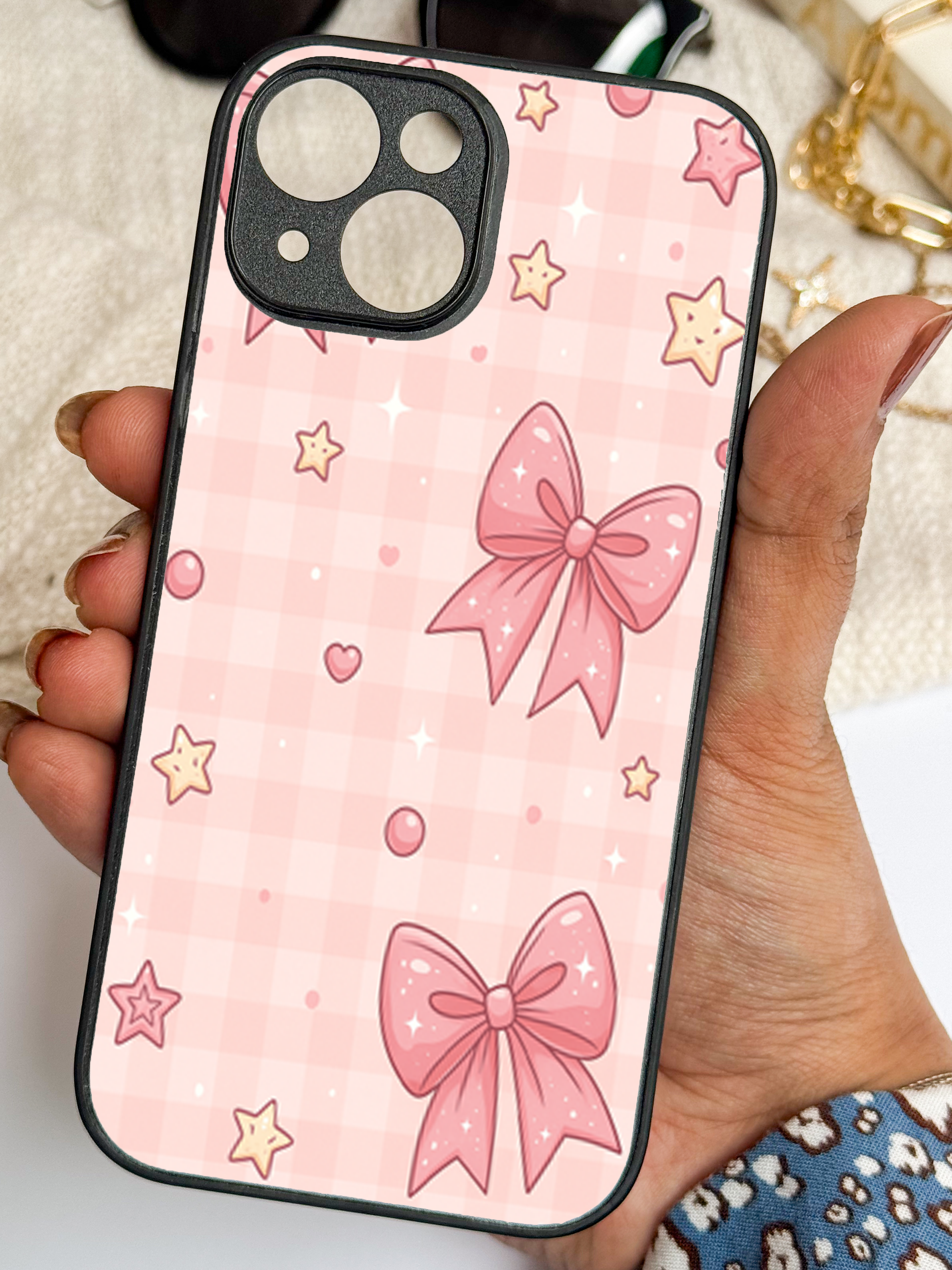 Kawaii Bow  Printed Glass Back iPhone Covers (11–16) Series |Cute Design