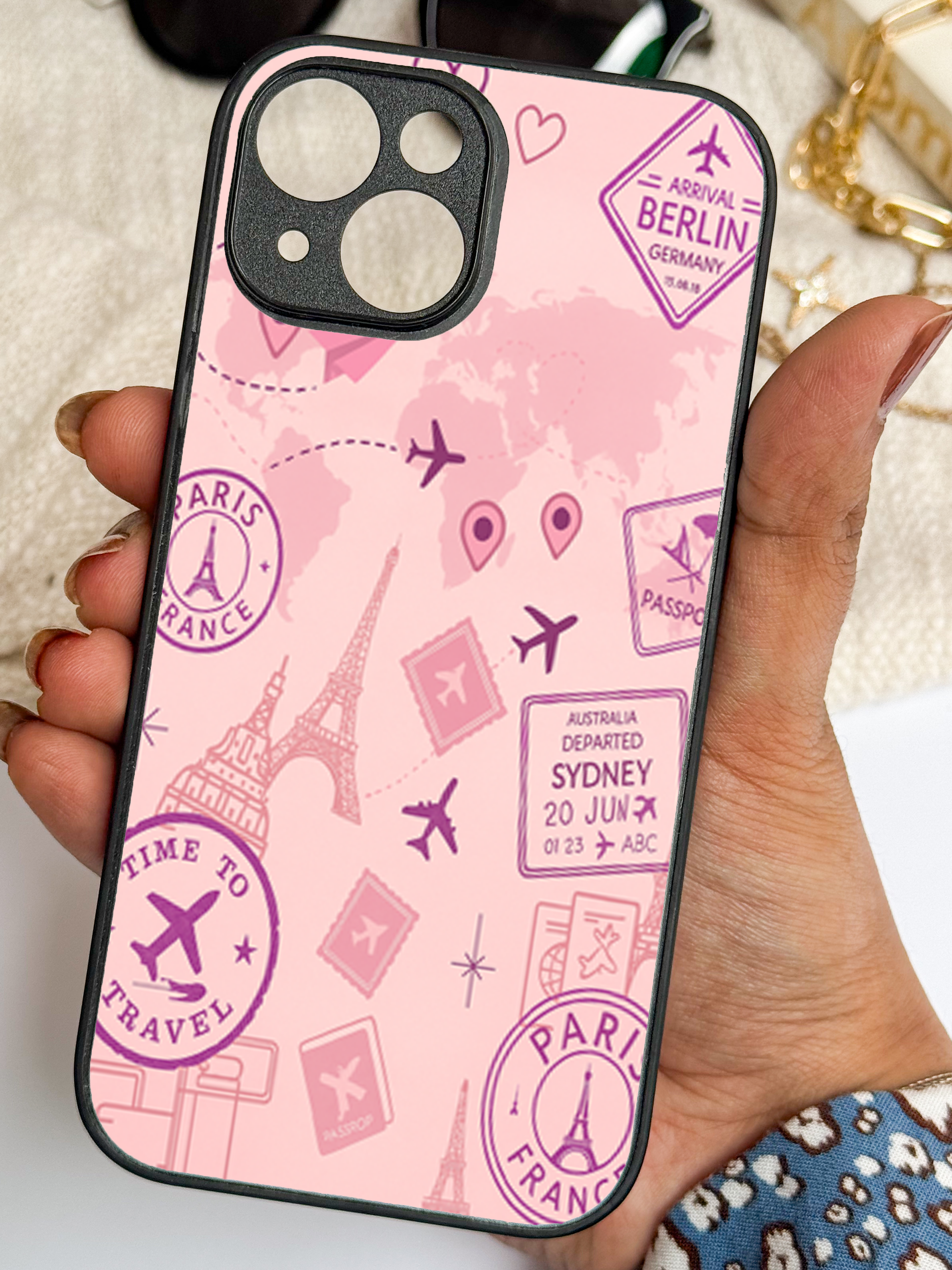 Travel Bug Printed Glass Back iPhone Covers (11–16) Series | Aesthetic Designs