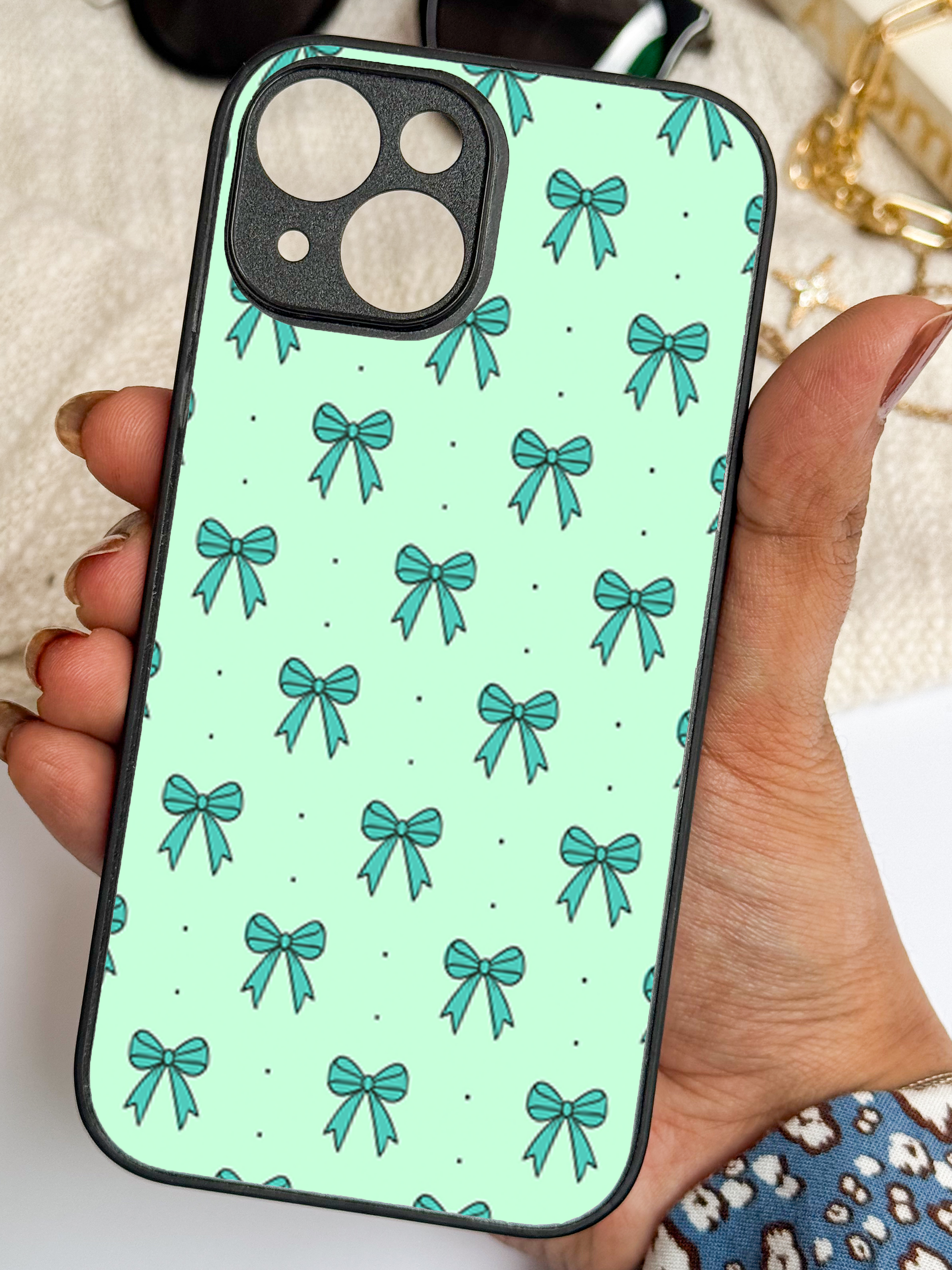 Mint Bow Printed Glass Back iPhone Covers (11–16) Series | Cute Designs