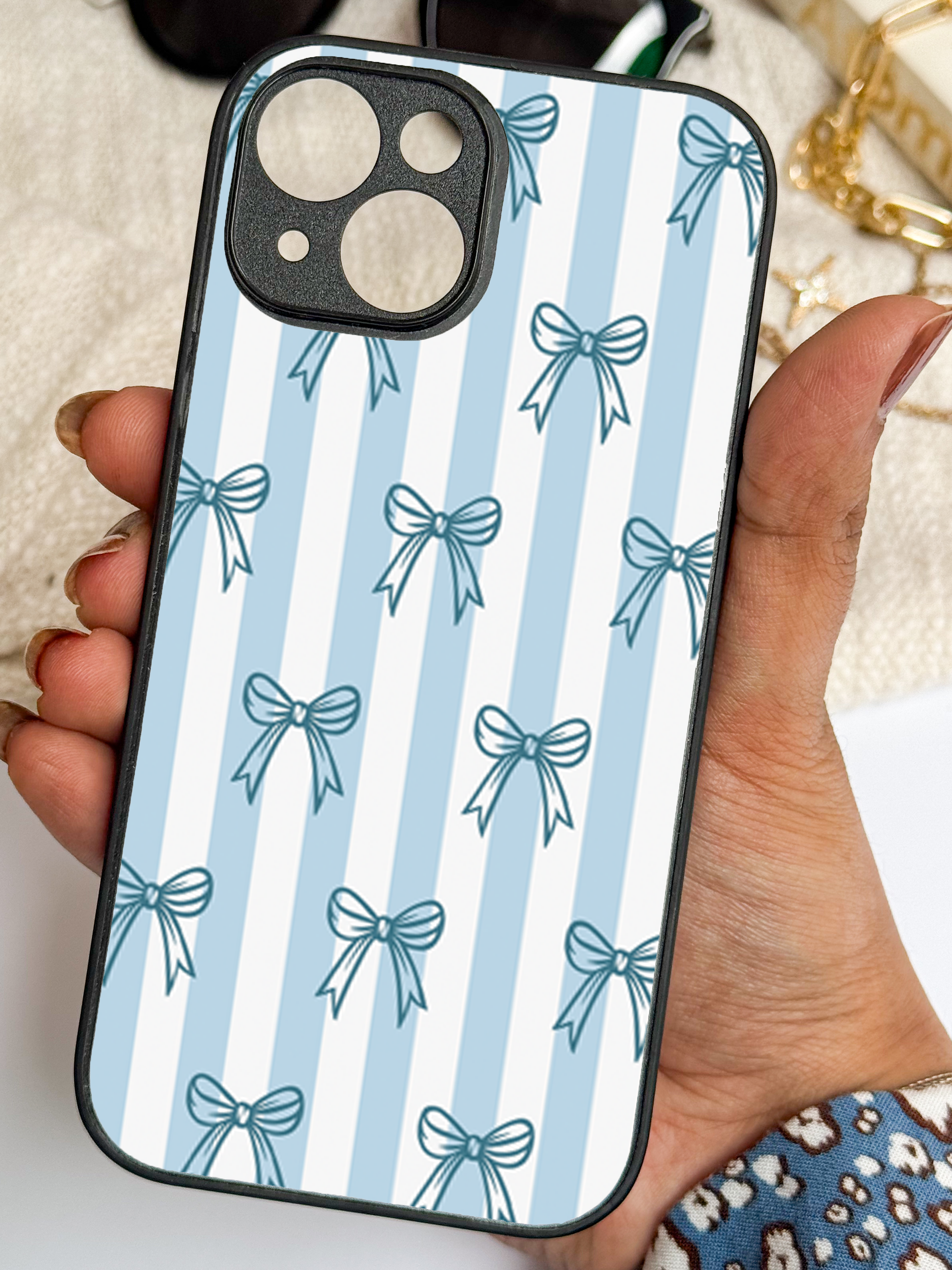 Ribbon Stripes Printed Glass Back iPhone Covers (11–16) Series | Cute Design