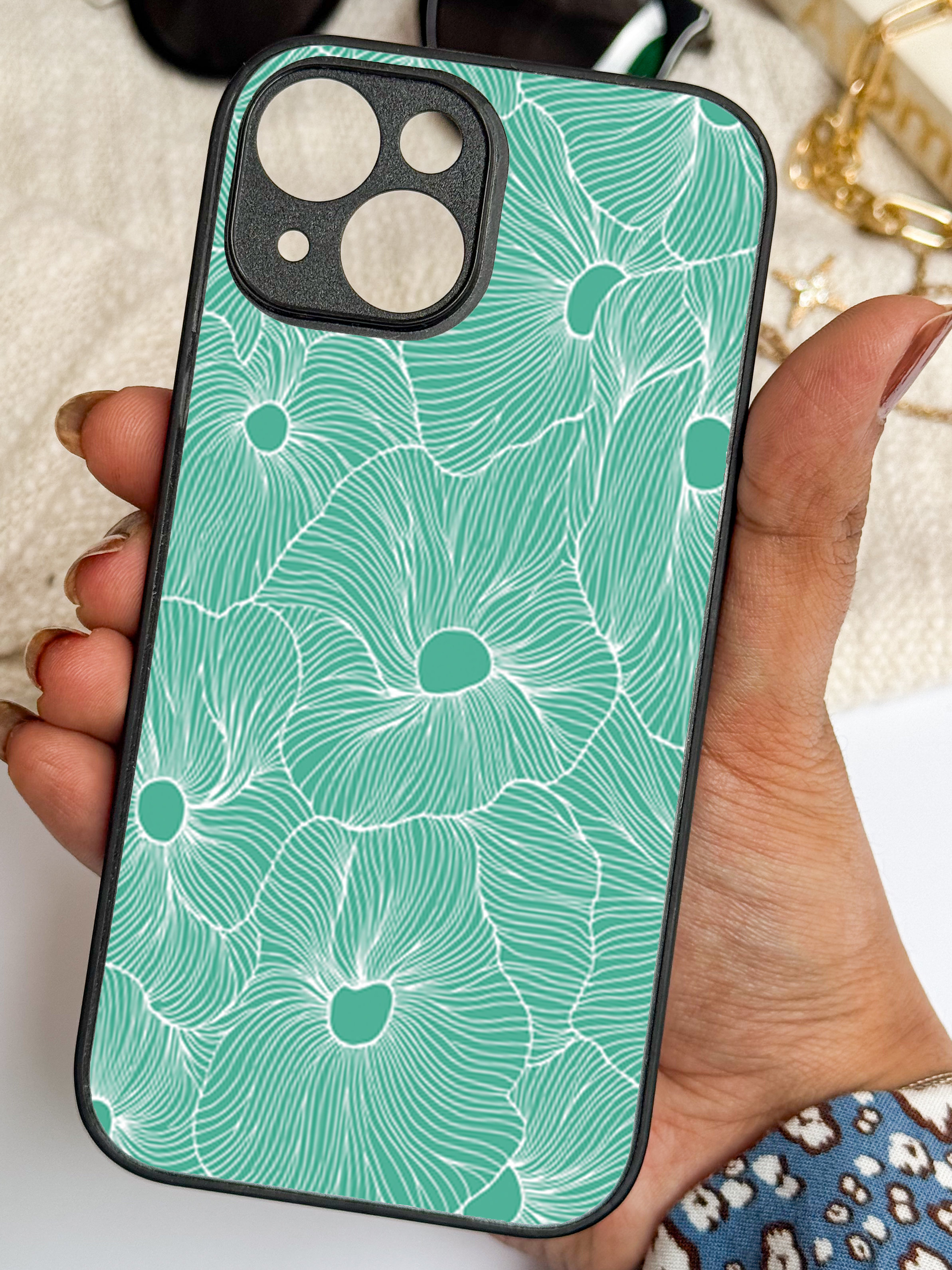 Aqua Flora Printed Glass Back iPhone Covers (11–16) Series | Aesthetic Design