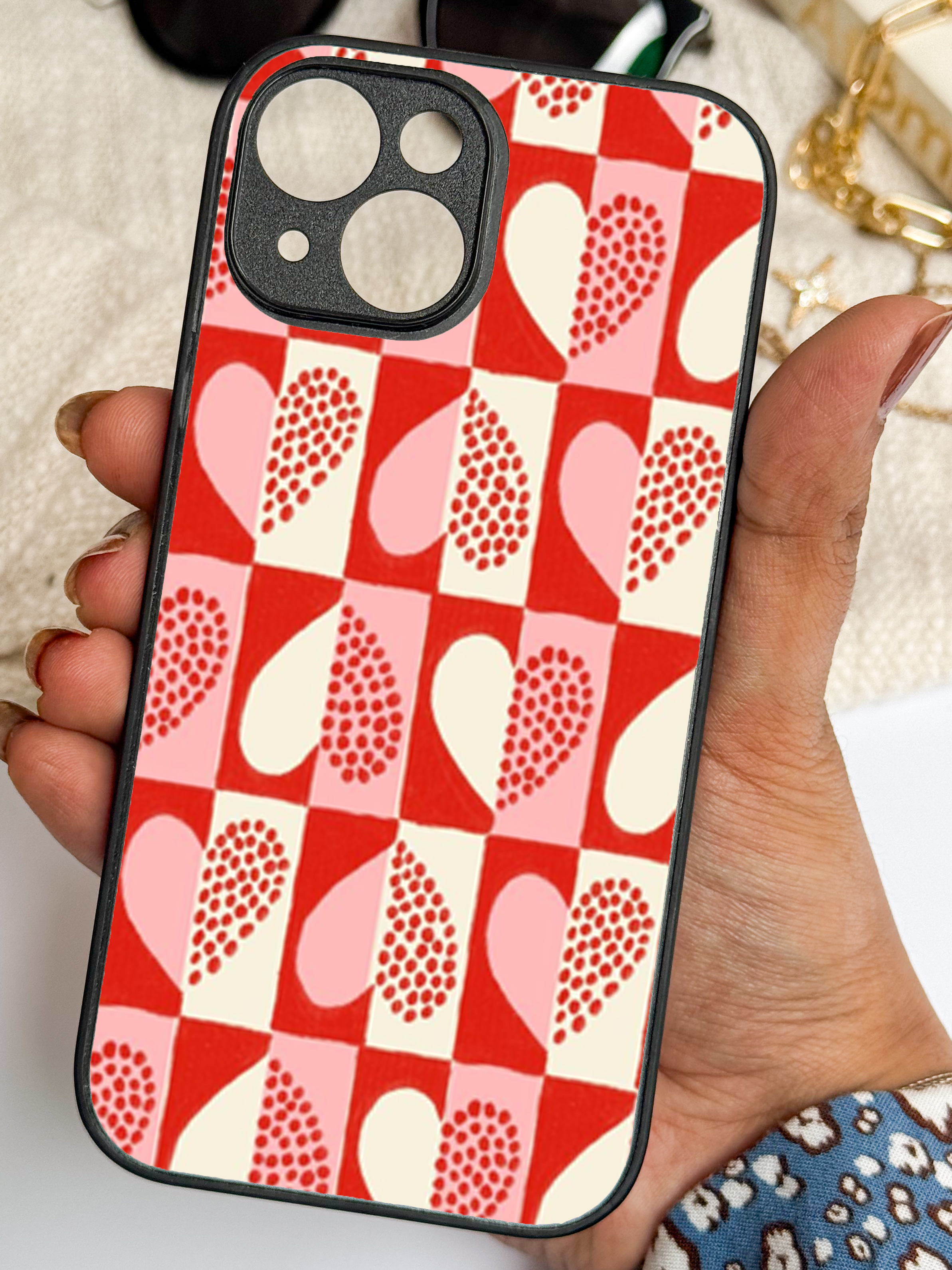 Retro Hearts Printed Glass Back iPhone Covers (11–16) Series | Aesthetic Designs