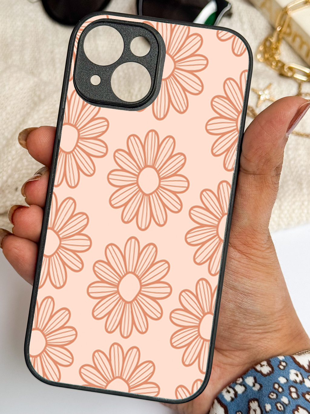 Peach Daisy Printed Glass Back iPhone Covers (11–16) Series | Cute Designs